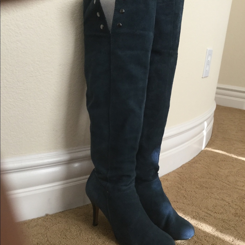 Blue Suede Over The Knee Boots with Studs